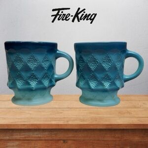 Anchor Hocking Fire-King Blue Kimberly Diamond Set of 2 Mugs